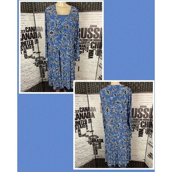 Woman Within Plus 24W Blue Floral Print Faux Wrap Long Sleeve Below Knee Dress - Picture 1 of 7